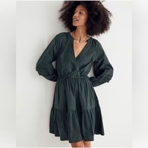 NWT Madewell Green Crinkle Poplin Puff Sleeve Wrap Mini Dress Size XXS